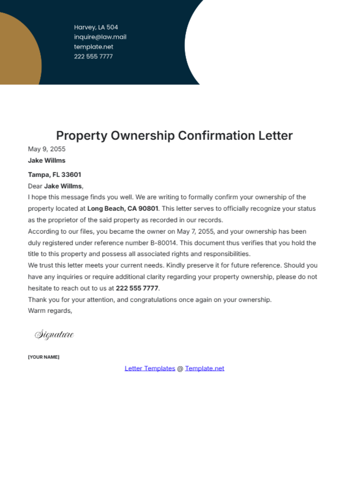 Property Ownership Confirmation Letter Template - Edit Online & Download