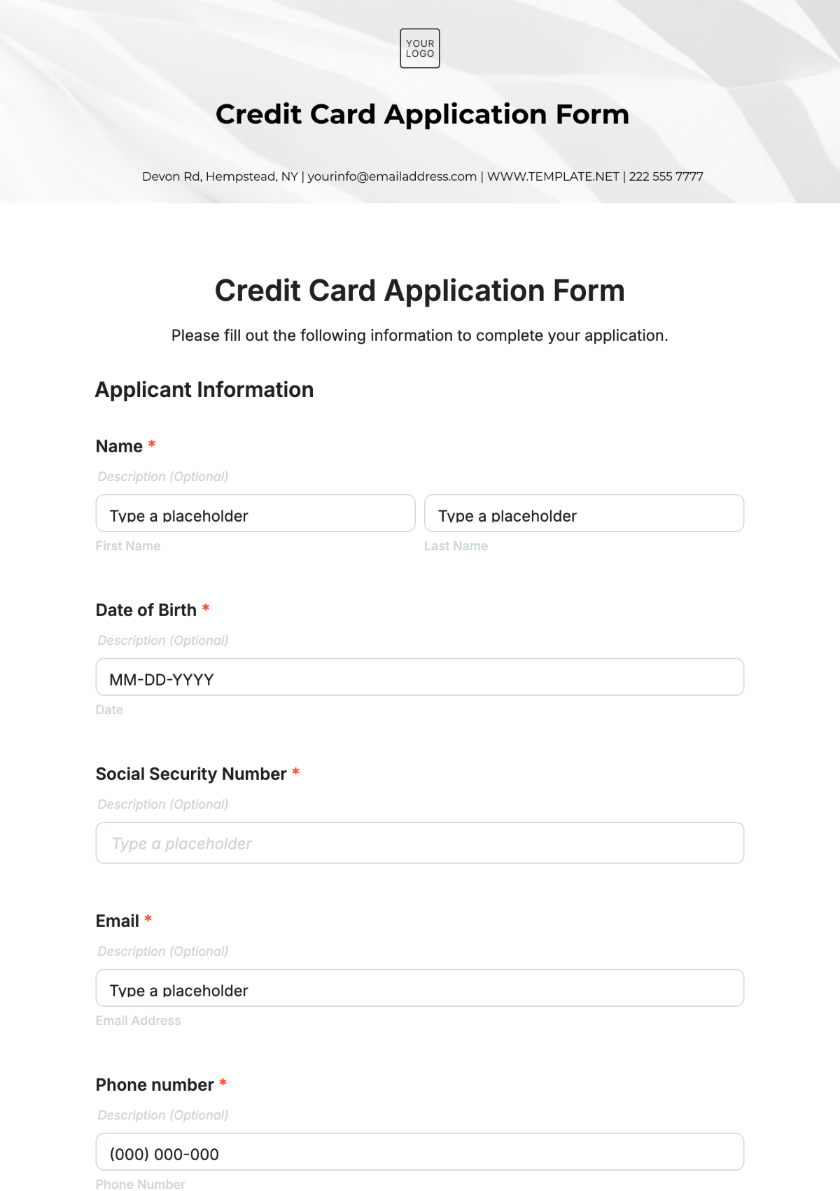 Credit Card Application Form Template - Edit Online & Download