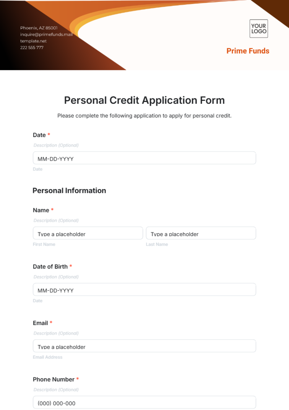 Personal Credit Application Form Template - Edit Online & Download