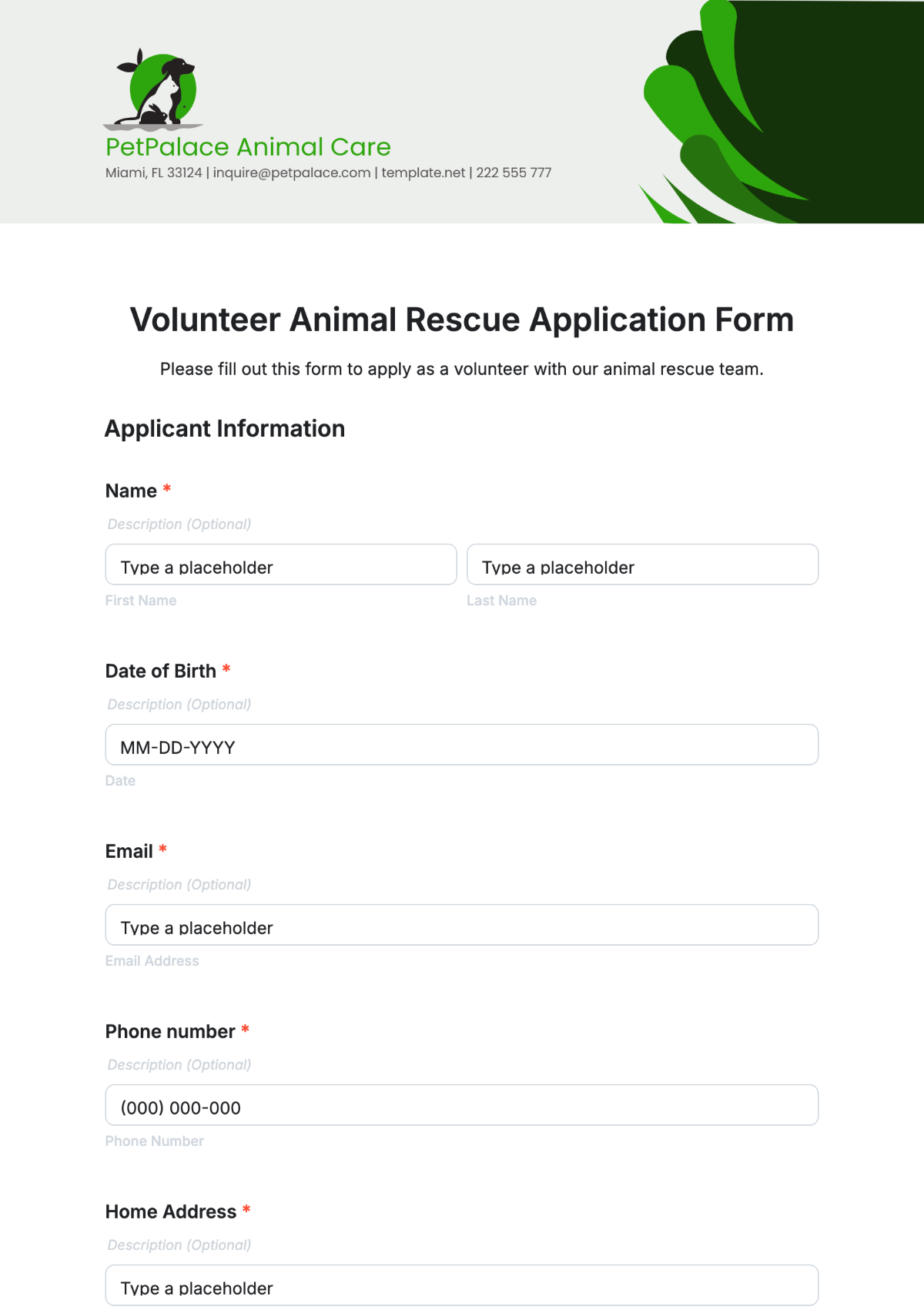 Volunteer Animal Rescue Application Form Template - Edit Online & Download