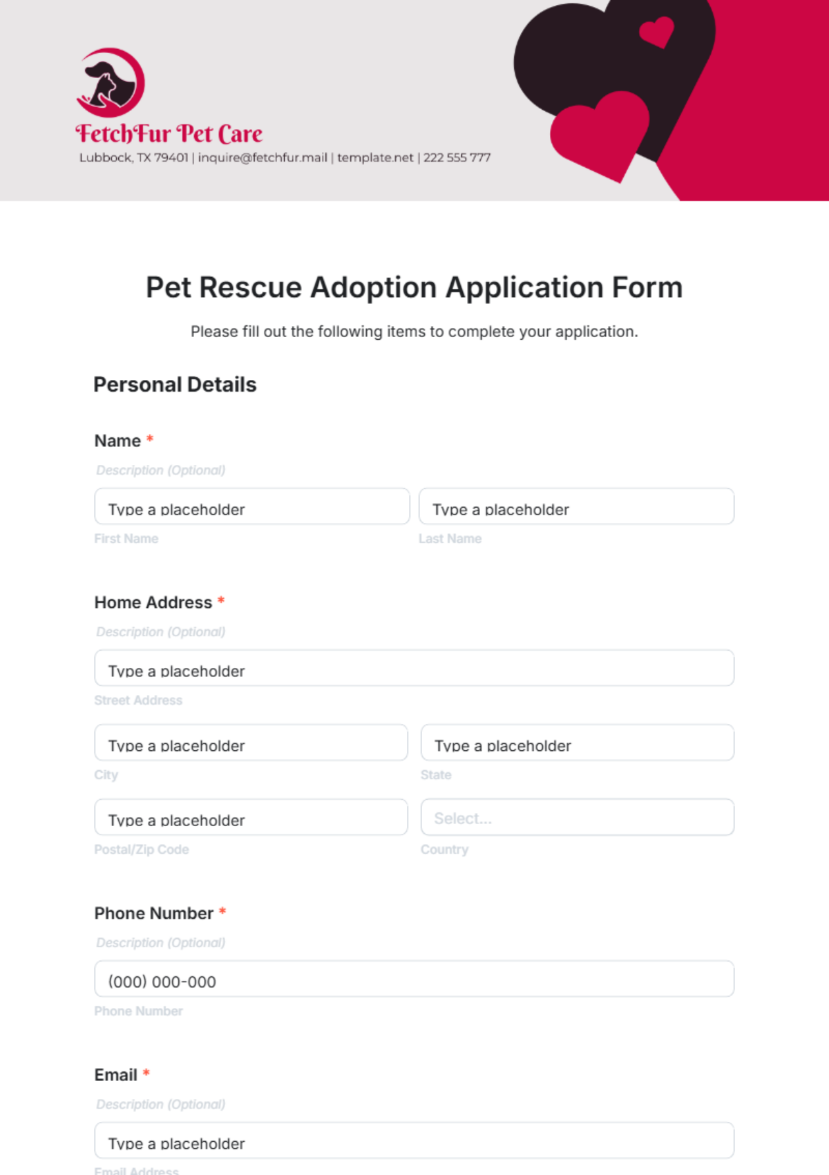 Pet Rescue Adoption Application Form Template - Edit Online & Download