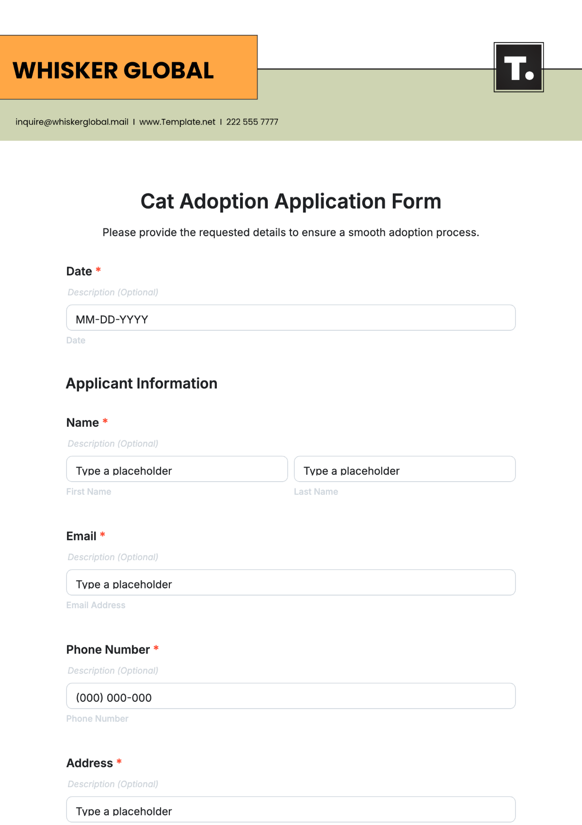 Cat Adoption Application Form Template - Edit Online & Download