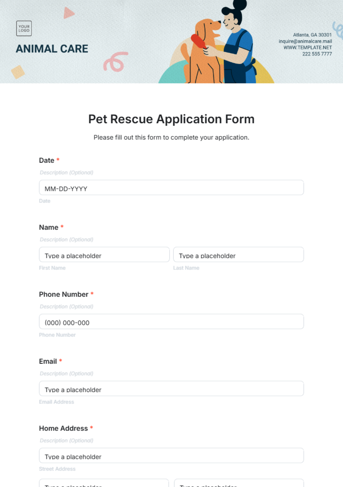 Pet Rescue Application Form Template - Edit Online & Download