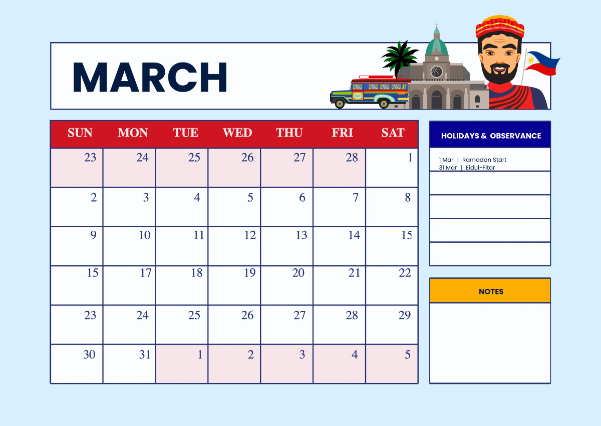 Free 2025 Calendar Philippine Holidays Template to Edit Online
