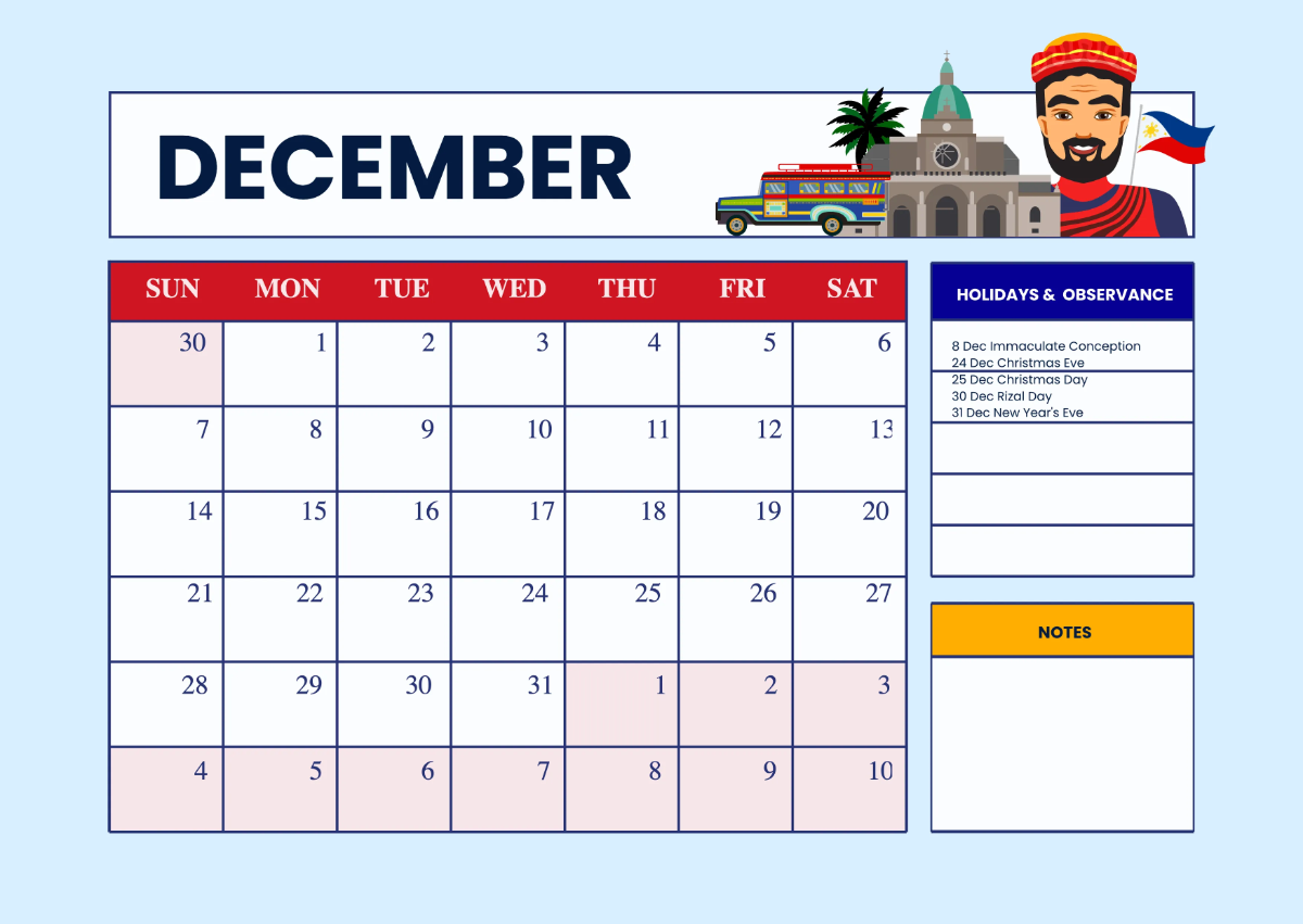 Free 2025 Calendar Philippine Holidays Template to Edit Online