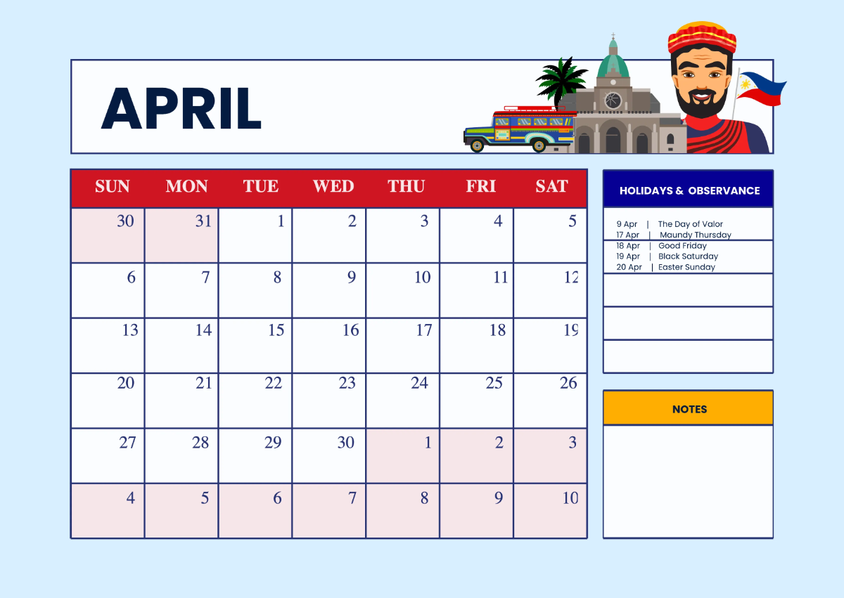Free 2025 Calendar Philippine Holidays Template to Edit Online