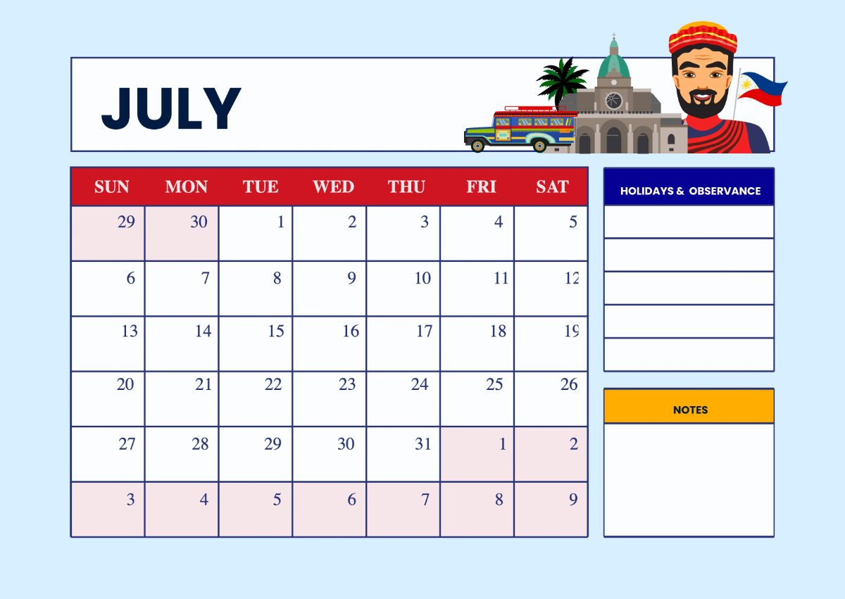 Free 2025 Calendar Philippine Holidays Template to Edit Online