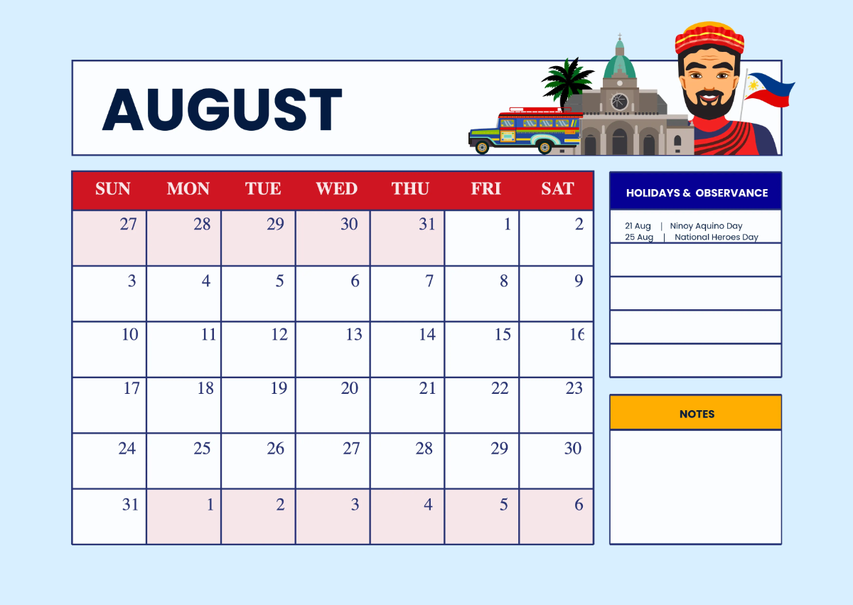 Free 2025 Calendar Philippine Holidays Template to Edit Online