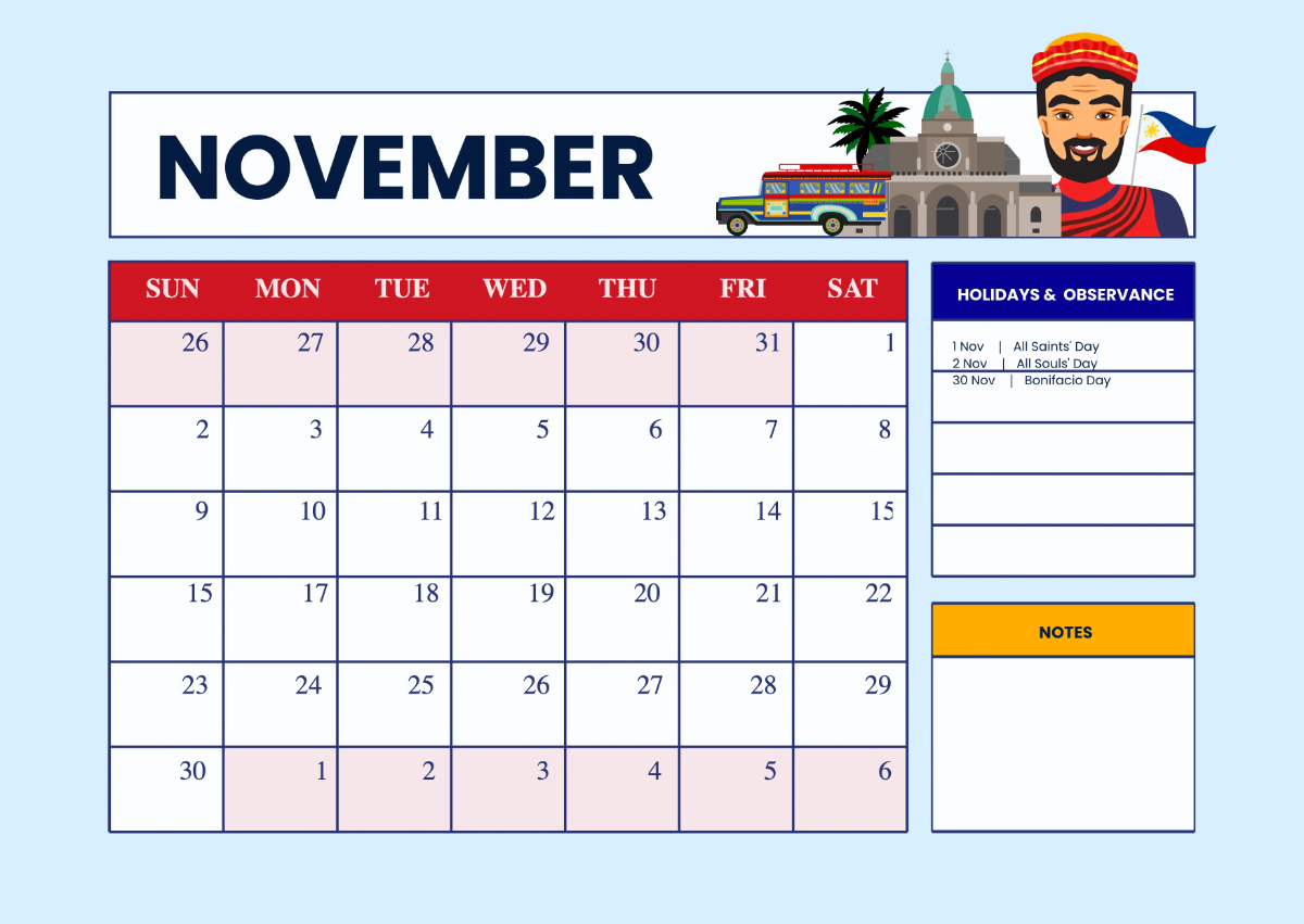 Free 2025 Calendar Philippine Holidays Template to Edit Online