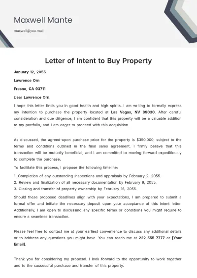 Free Letter of Intent to Buy Property Template to Edit Online