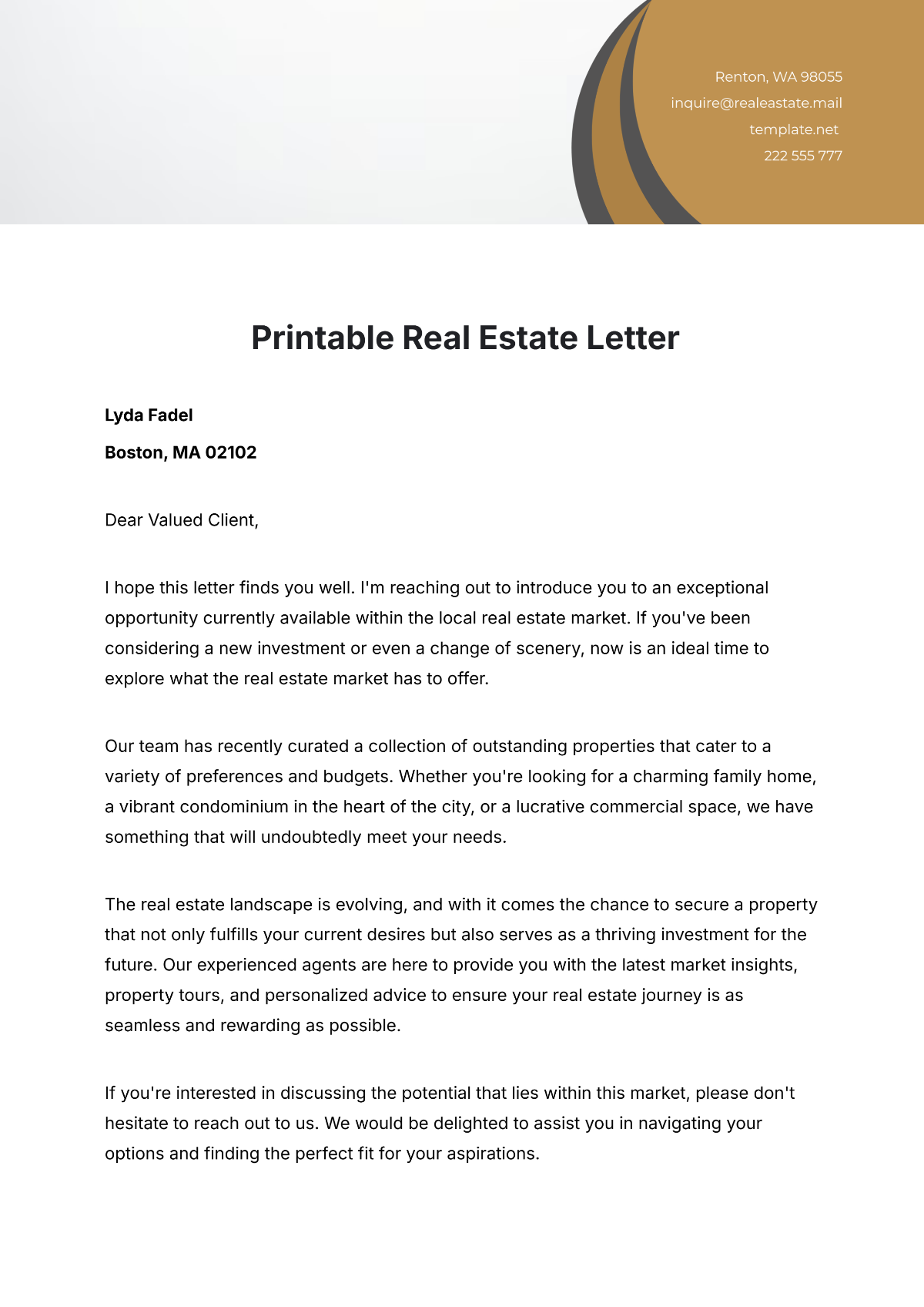 Printable Real Estate Letter Template - Edit Online & Download