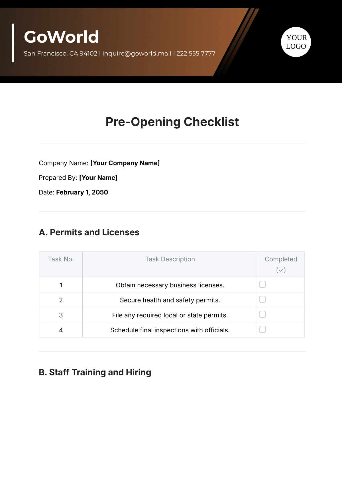 Pre-Opening Checklist Template - Edit Online & Download