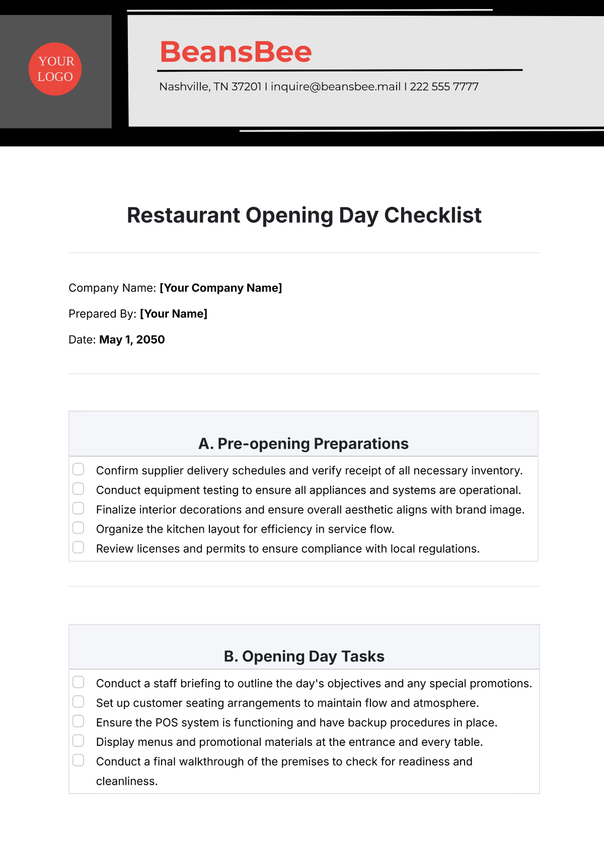 Restaurant Opening Day Checklist Template - Edit Online & Download