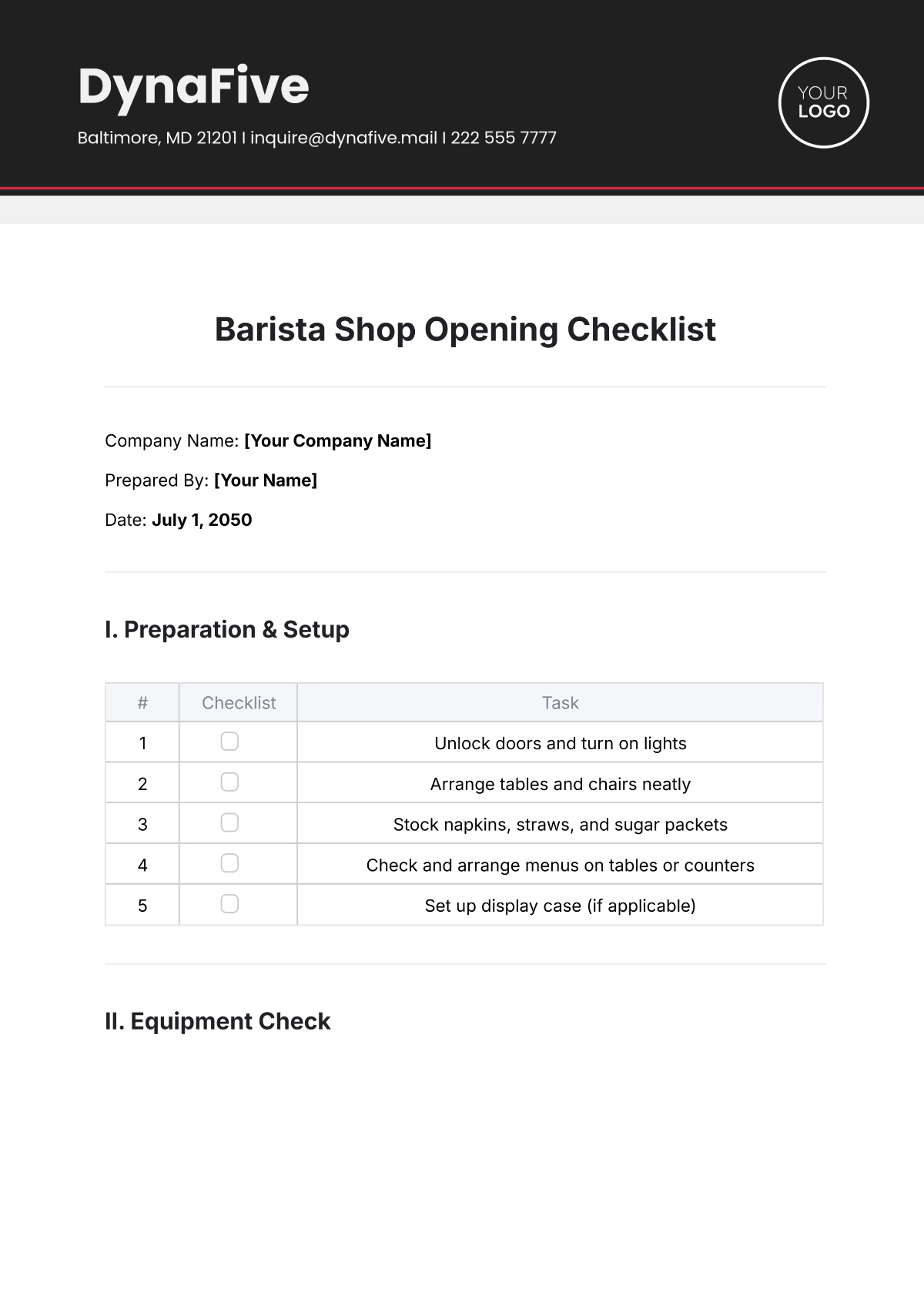 Barista Shop Opening Checklist Template - Edit Online & Download