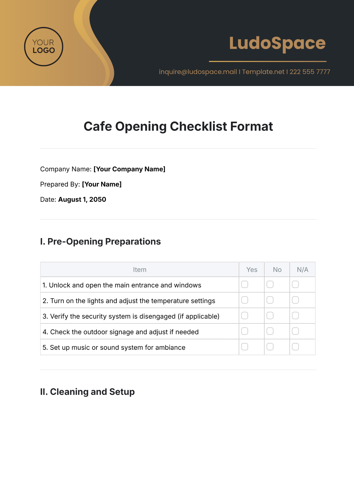 Cafe Opening Checklist Format Template - Edit Online & Download