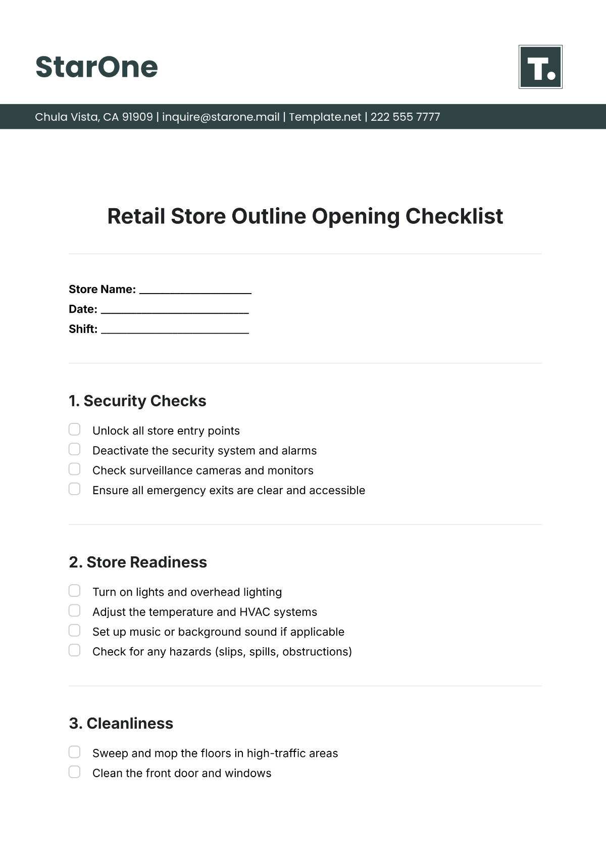 Retail Store Outline Opening Checklist Template - Edit Online & Download