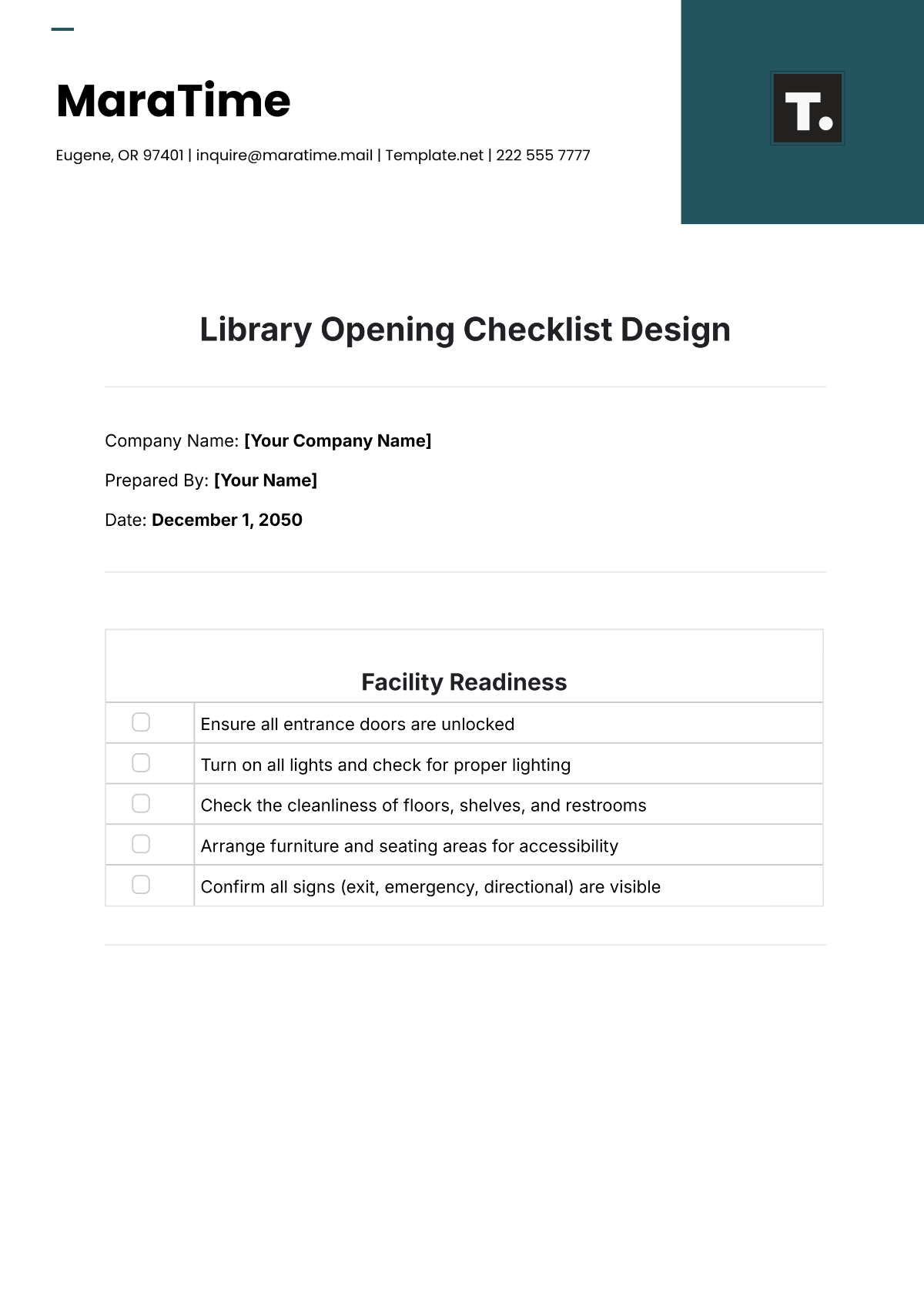 Library Opening Checklist Design Template - Edit Online & Download