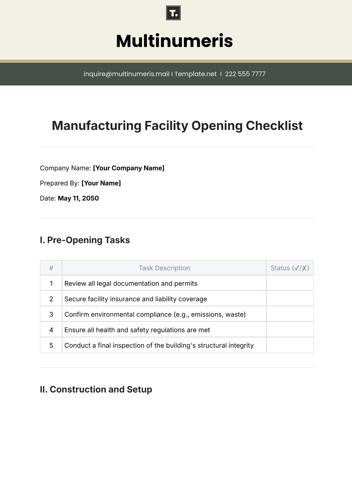 Manufacturing Facility Opening Checklist Template - Edit Online & Download