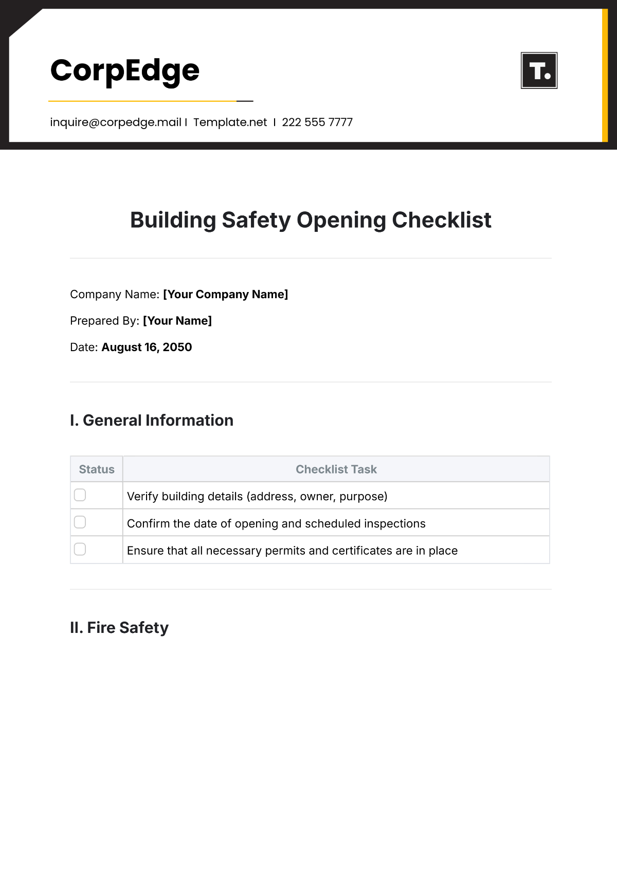 Building Safety Opening Checklist Template - Edit Online & Download