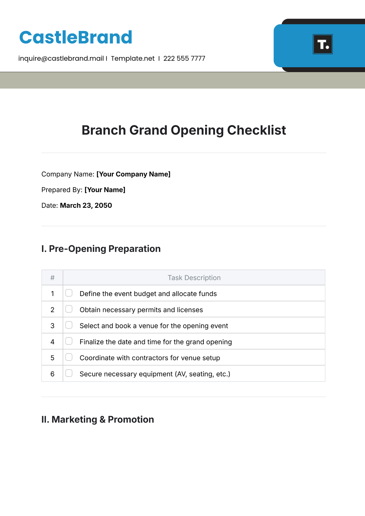 Branch Grand Opening Checklist Template - Edit Online & Download