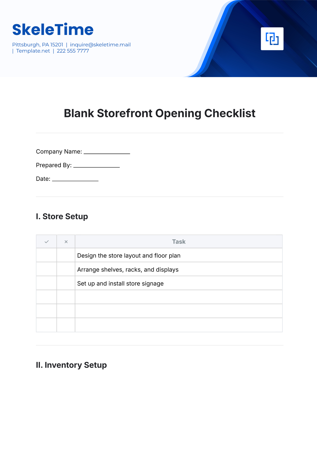 Blank Storefront Opening Checklist Template - Edit Online & Download