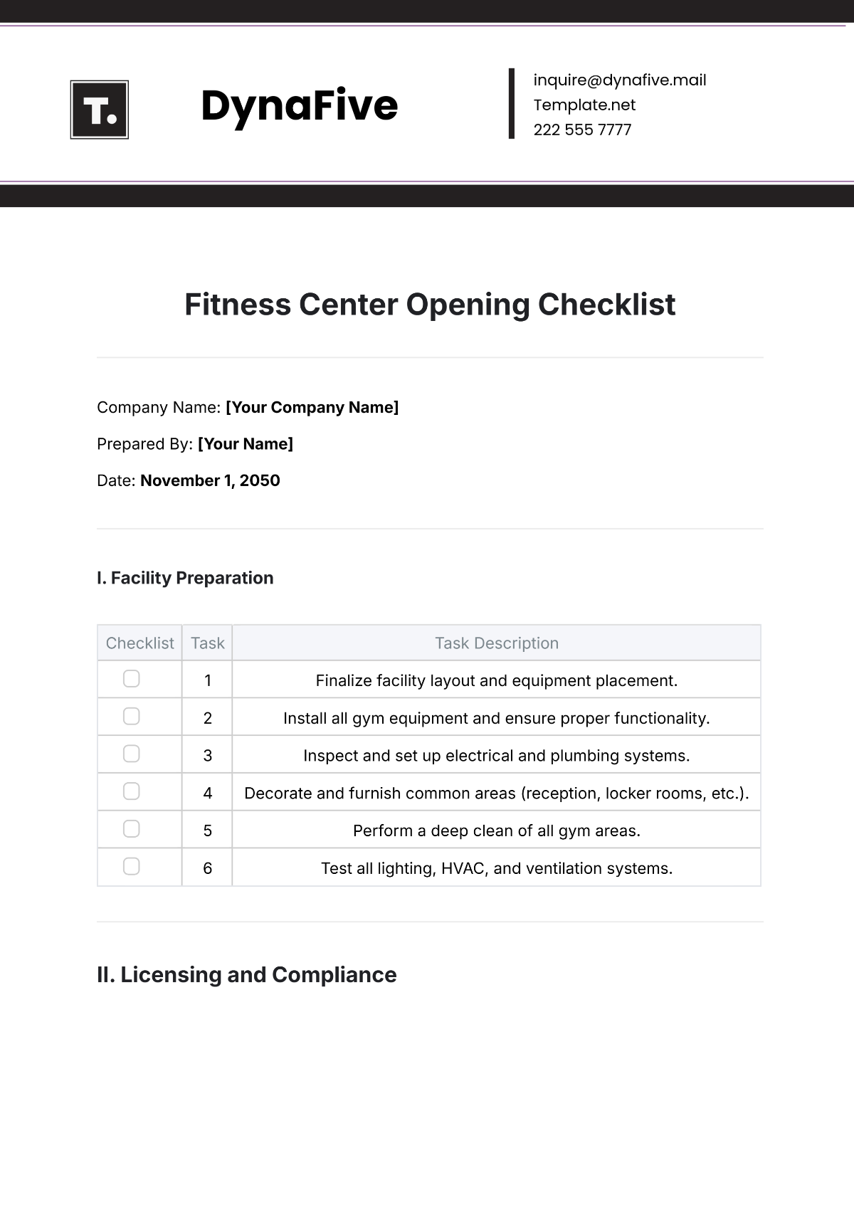 Fitness Center Opening Checklist Template - Edit Online & Download