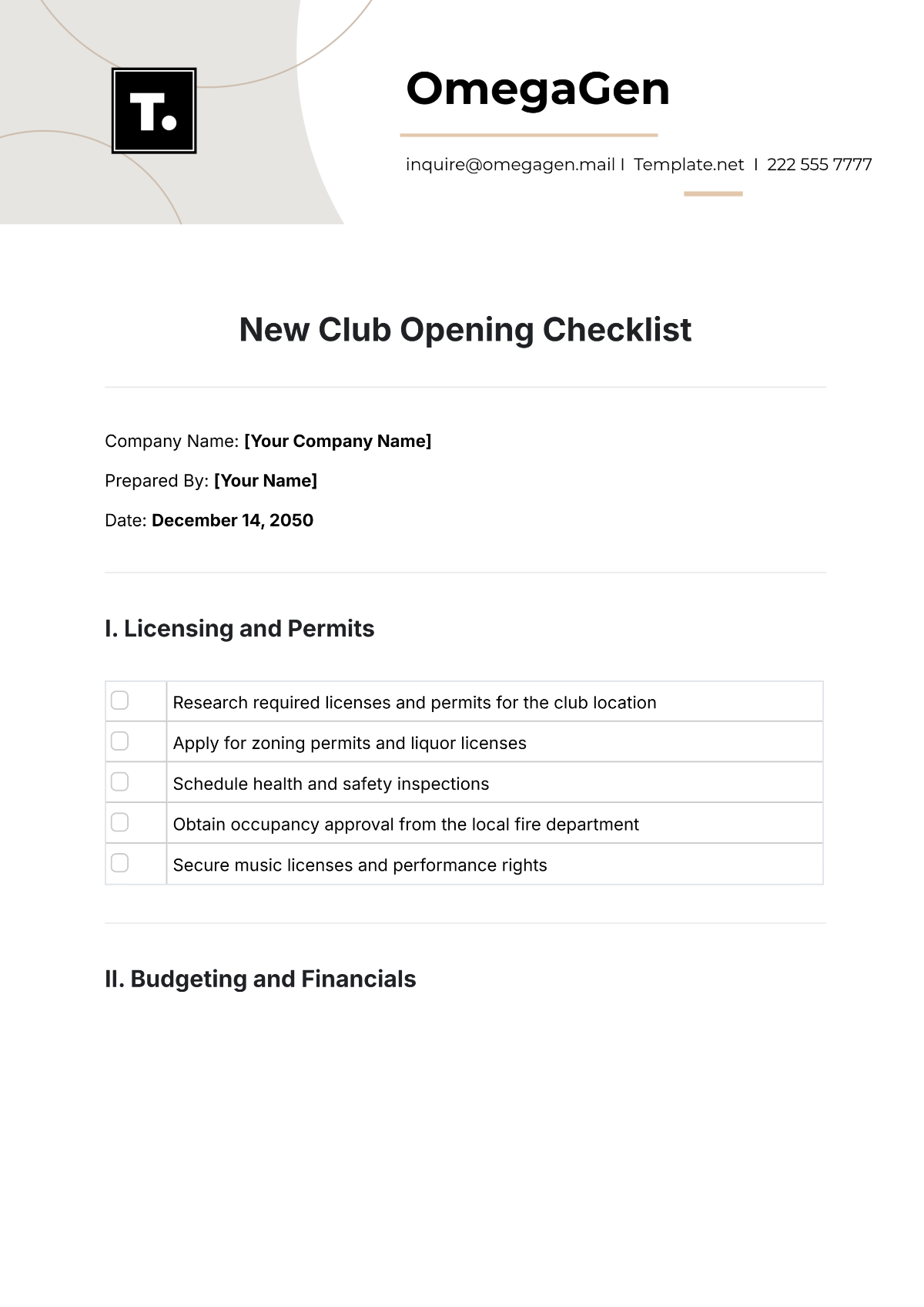 New Club Opening Checklist Template - Edit Online & Download