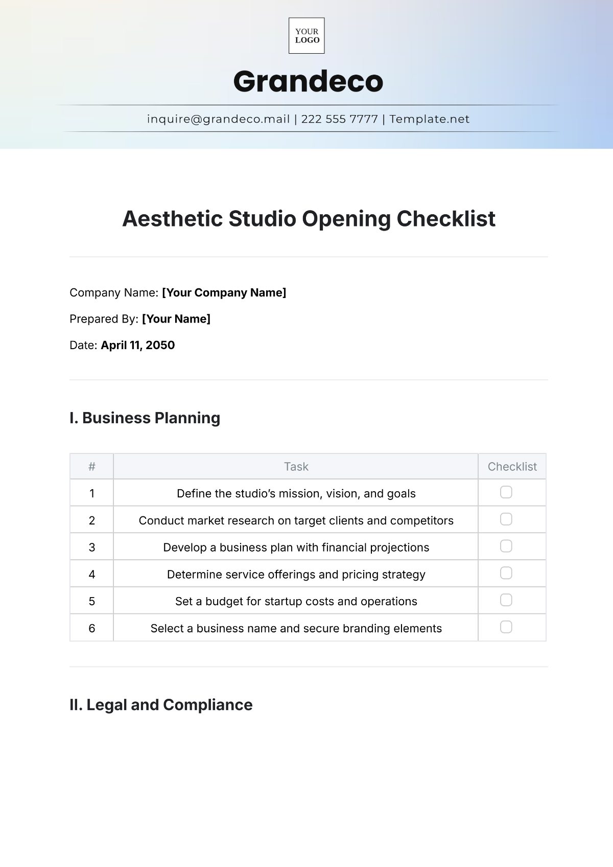 Aesthetic Studio Opening Checklist Template - Edit Online & Download