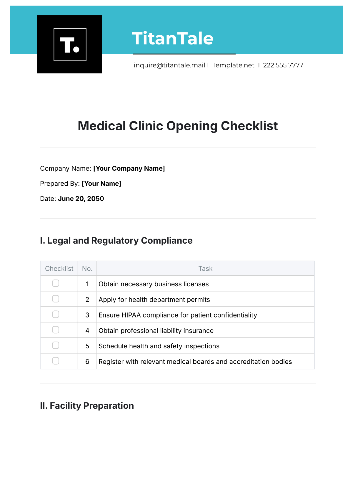 Medical Clinic Opening Checklist Template - Edit Online & Download