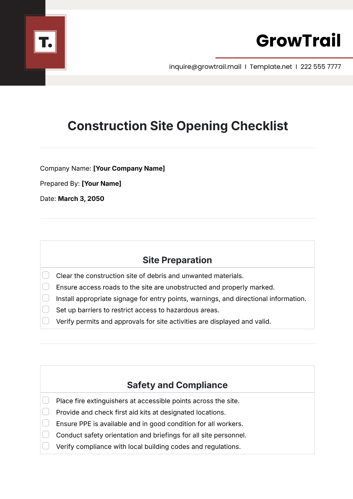 Construction Site Opening Checklist Template - Edit Online & Download