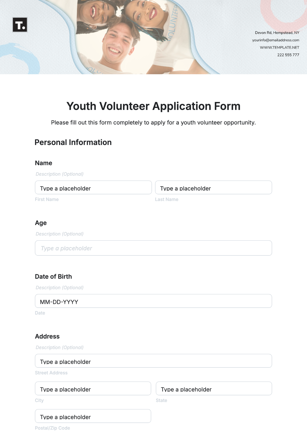 Youth Volunteer Application Form Template - Edit Online & Download