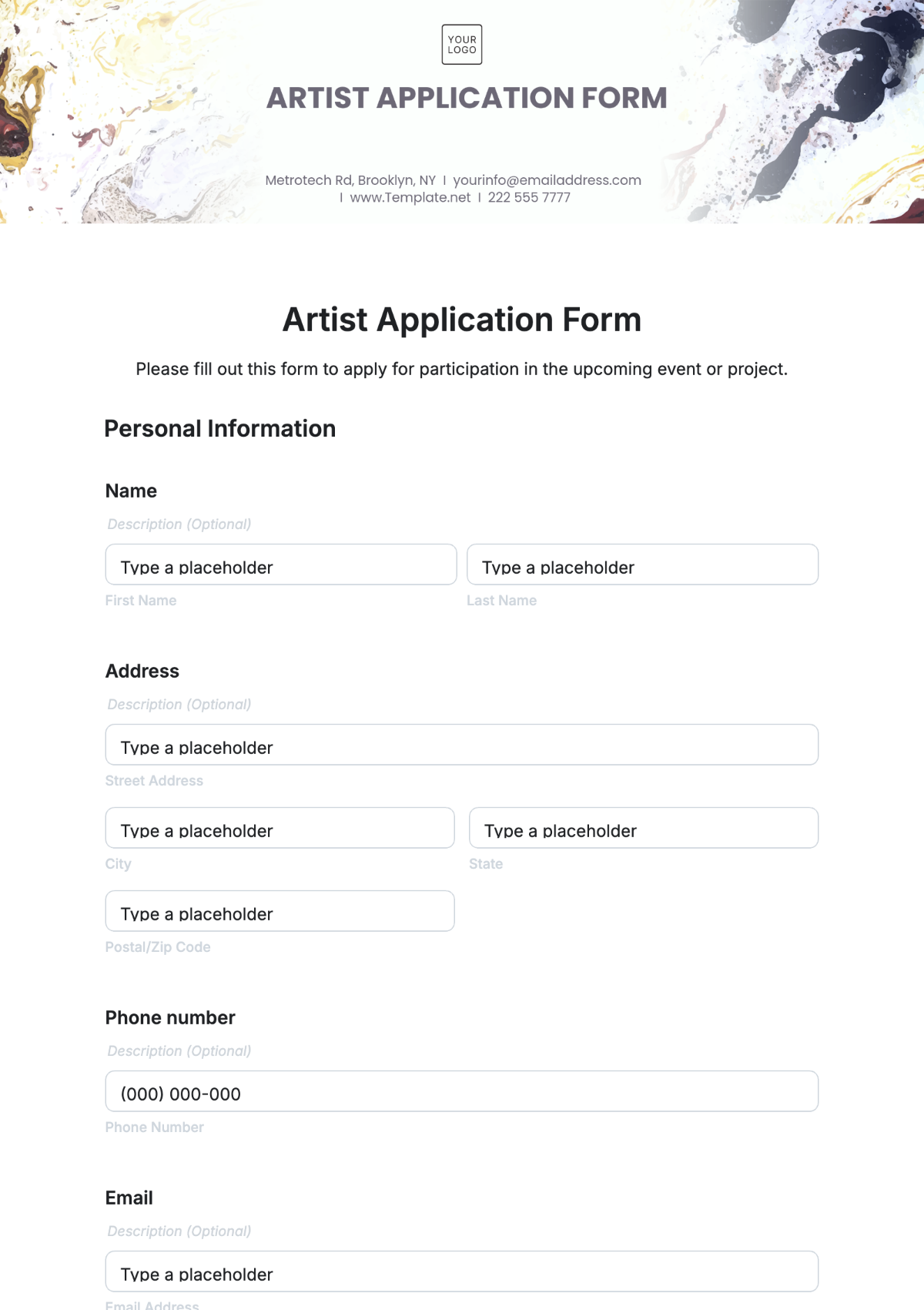 Artist Application Form Template - Edit Online & Download