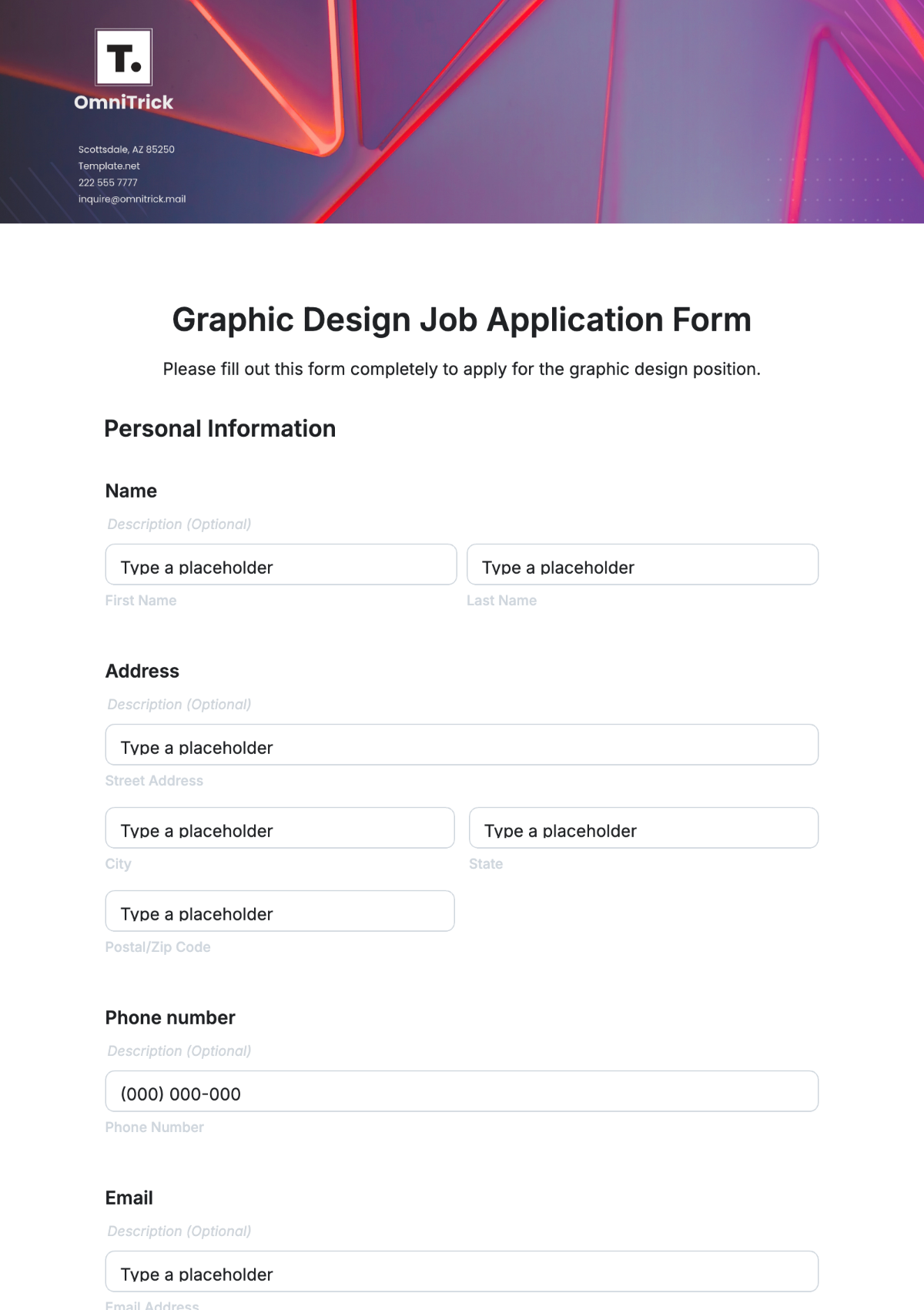 Graphic Design Job Application Form Template - Edit Online & Download