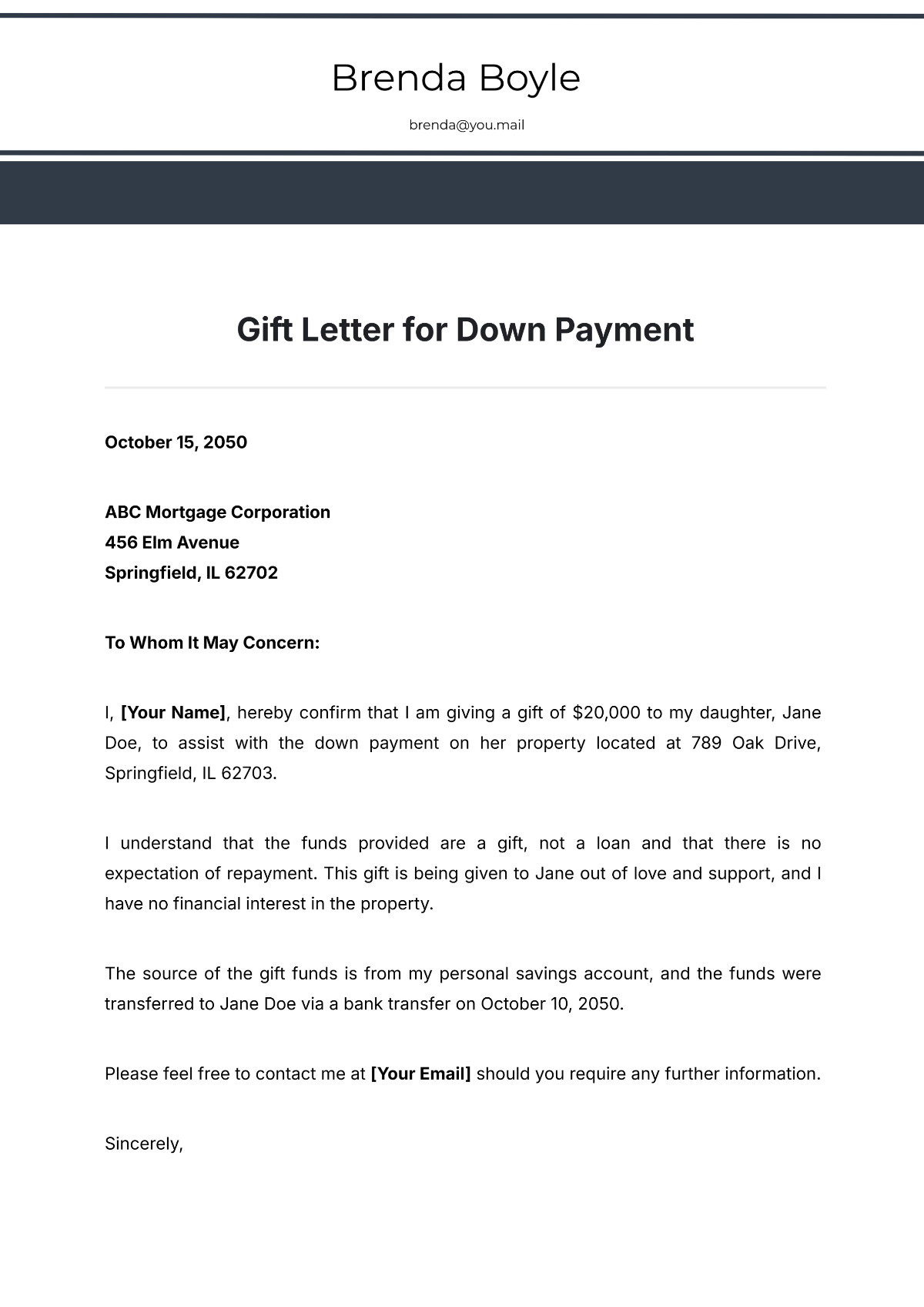 Gift Letter for Down Payment Template - Edit Online & Download