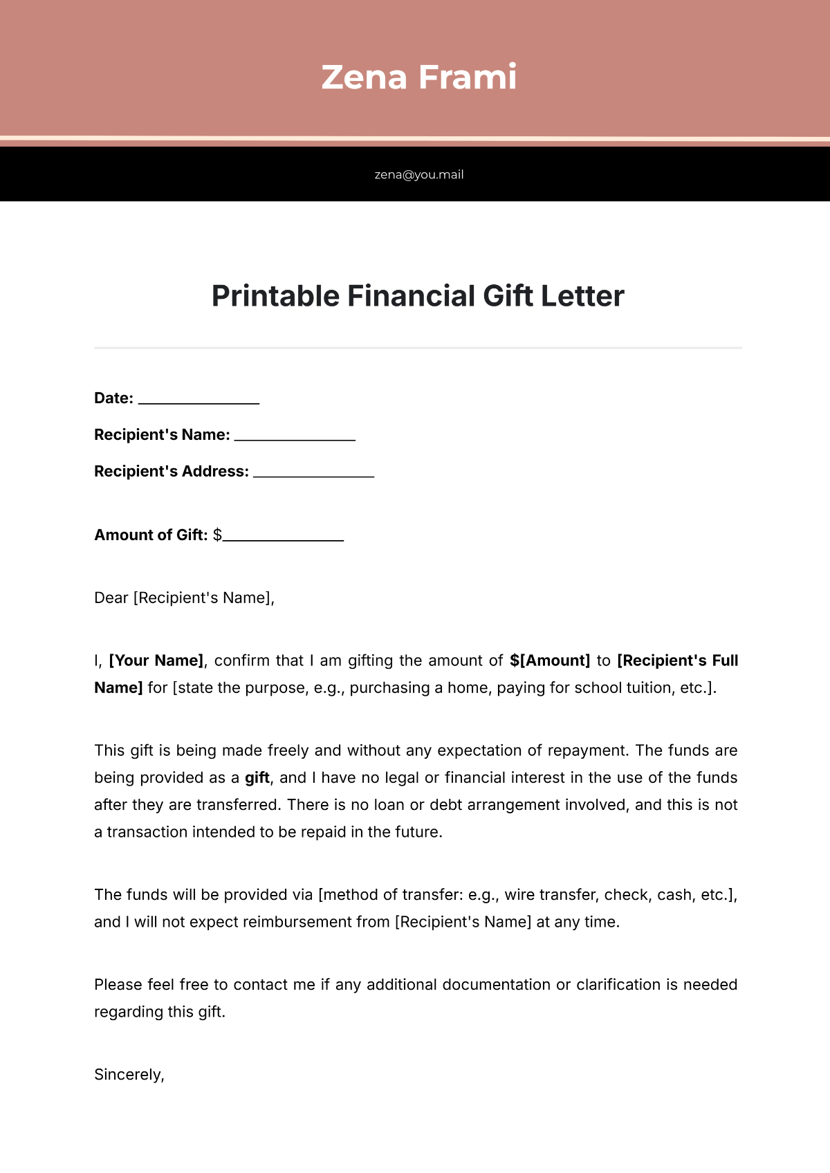 Printable Financial Gift Letter Template - Edit Online & Download