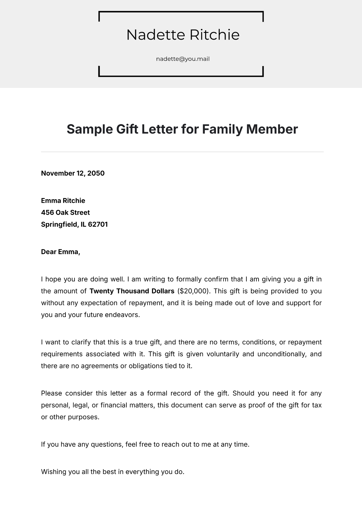 Sample Gift Letter for Family Member Template - Edit Online & Download