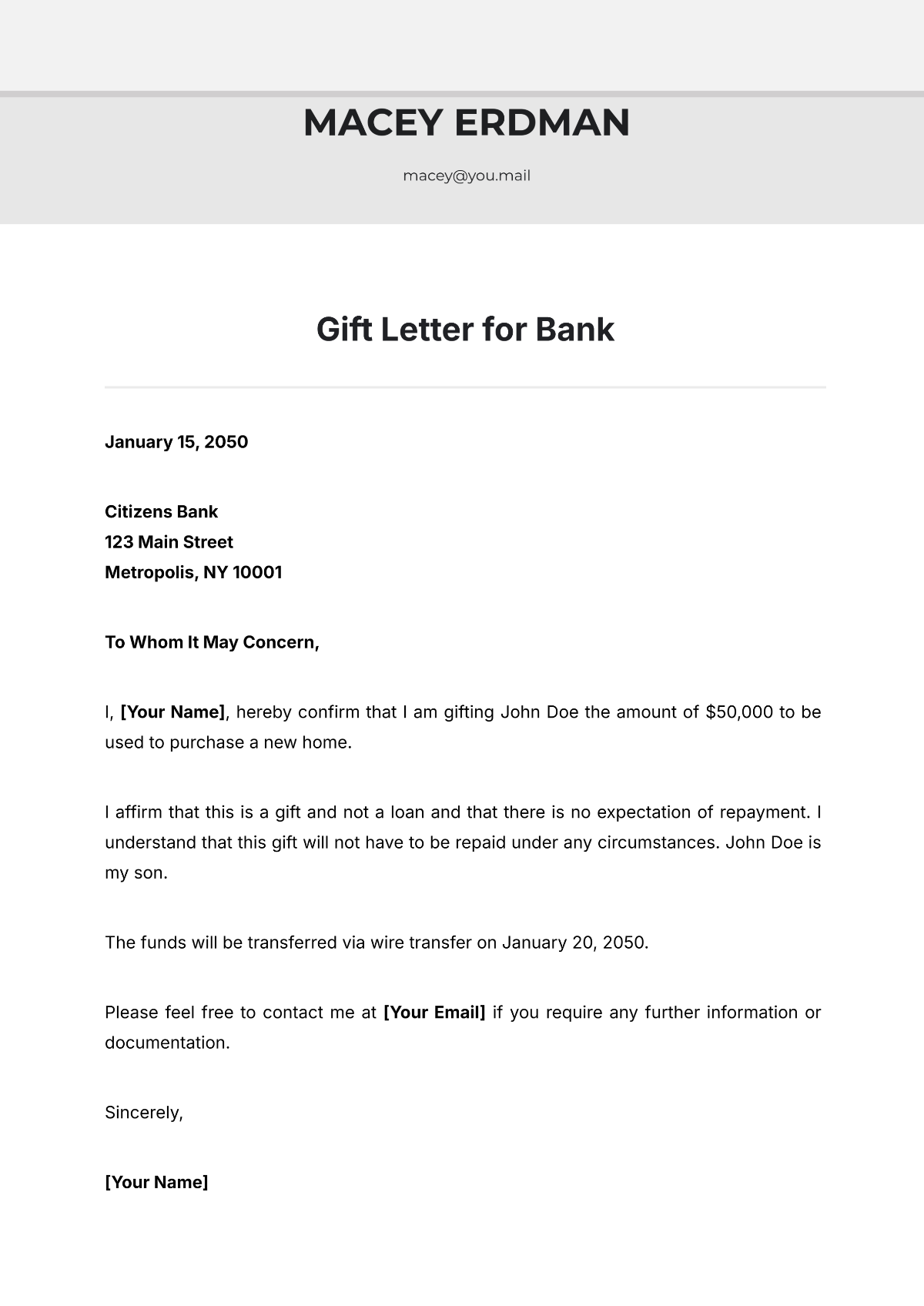 Gift Letter for Bank Template - Edit Online & Download