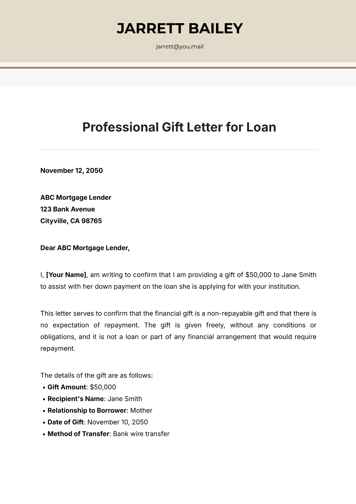 Professional Gift Letter for Loan Template - Edit Online & Download