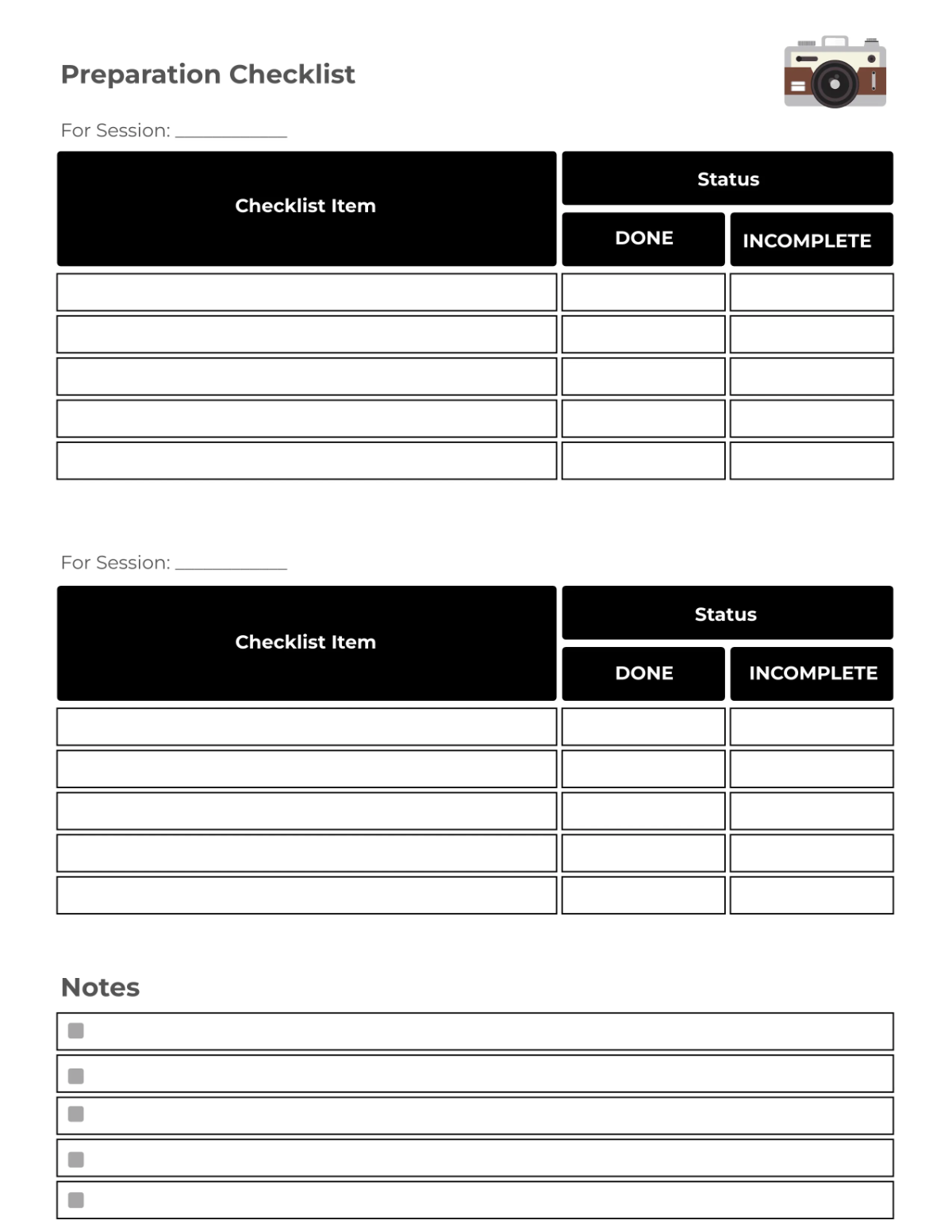 Free Photography Session Planner Template to Edit Online