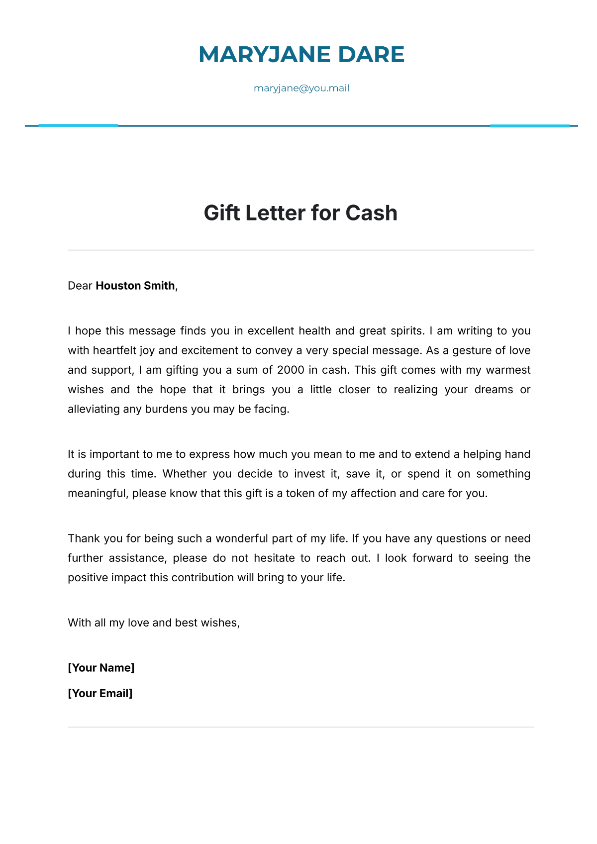 Gift Letter for Cash Template - Edit Online & Download