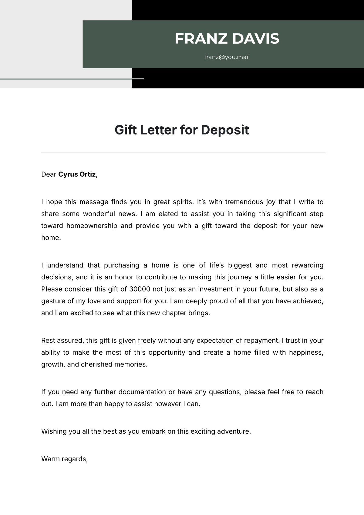 Gift Letter for Deposit Template - Edit Online & Download