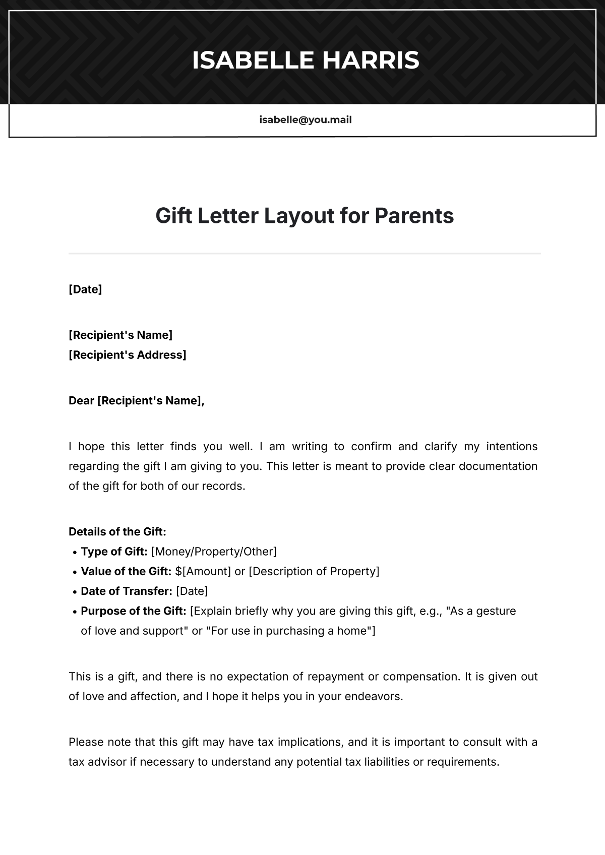 Gift Letter Layout for Parents Template - Edit Online & Download