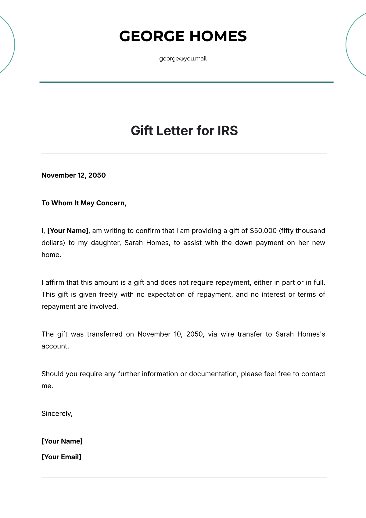 Gift Letter for IRS Template - Edit Online & Download