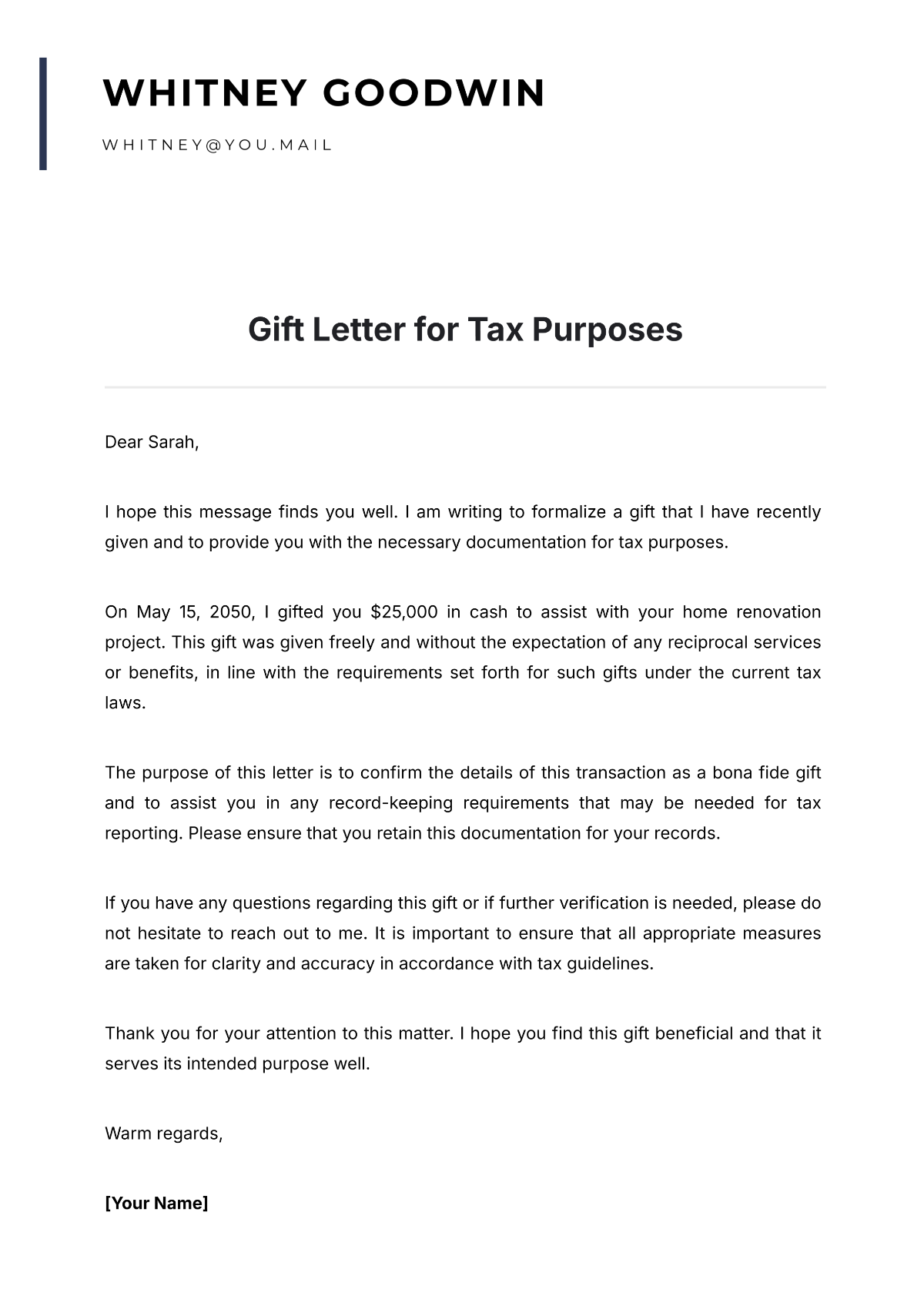 Gift Letter for Tax Purposes Template - Edit Online & Download