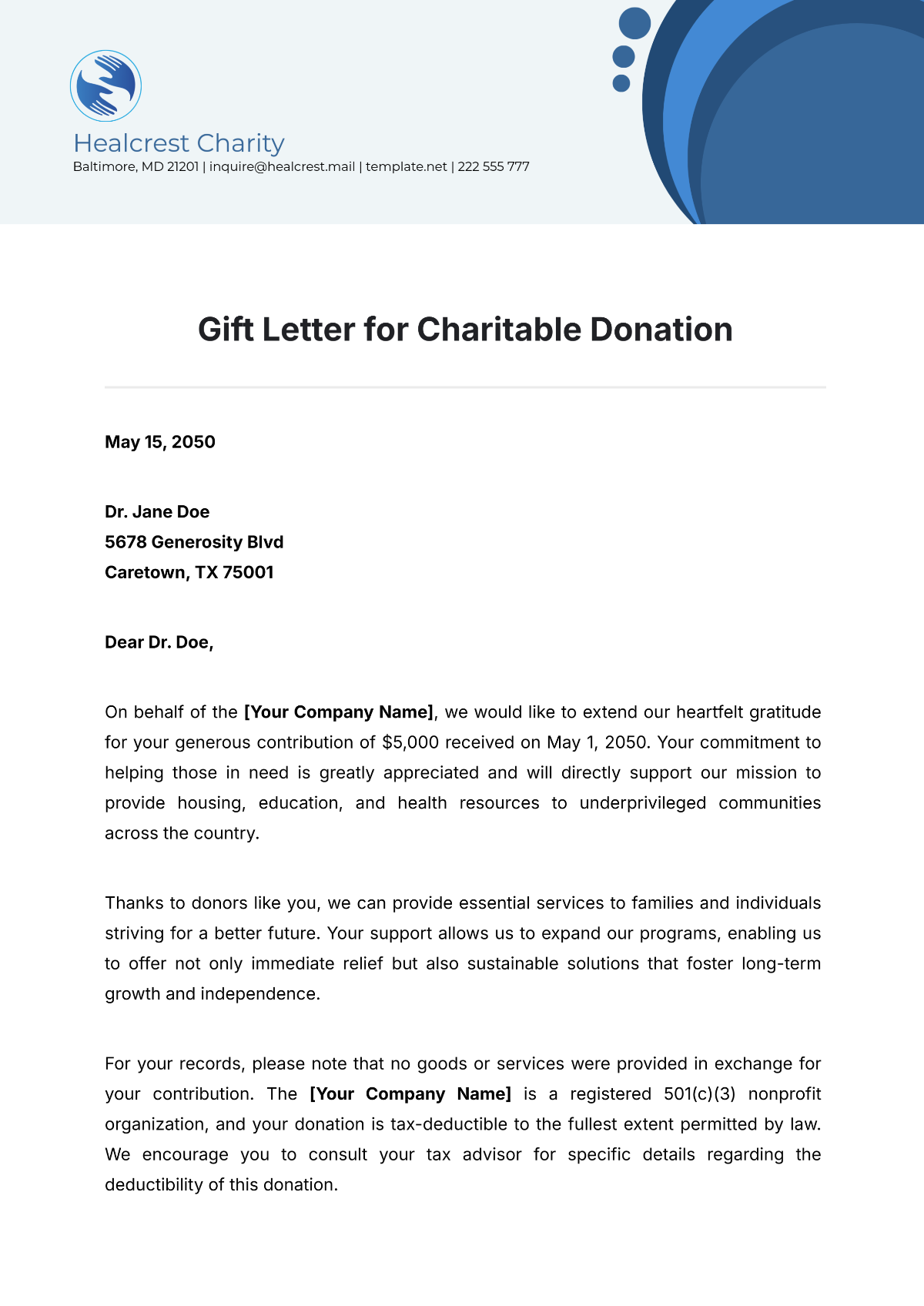 Gift Letter for Charitable Donation Template