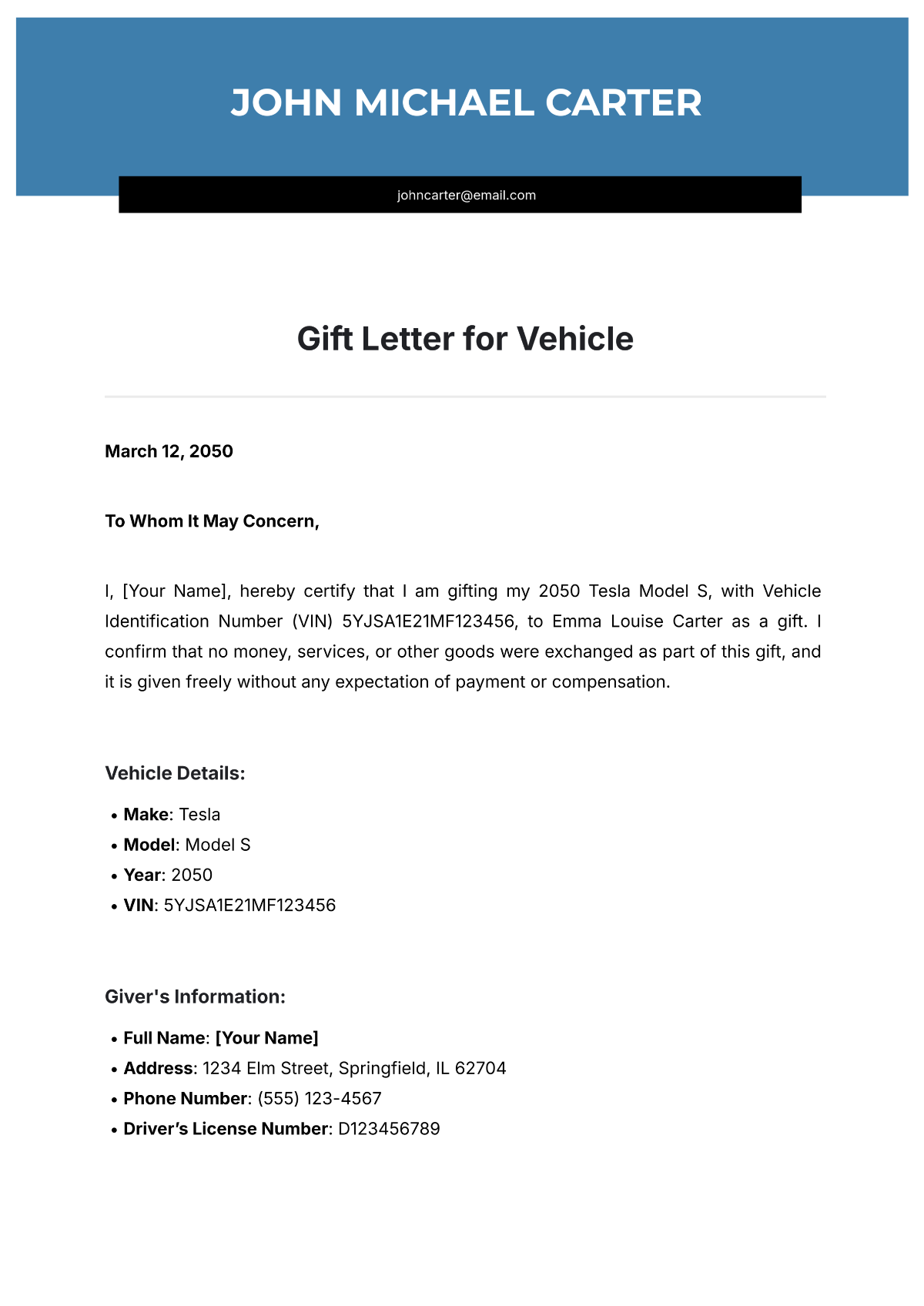 Free Sample Gift Letter for Family Member Template - Edit Online ...