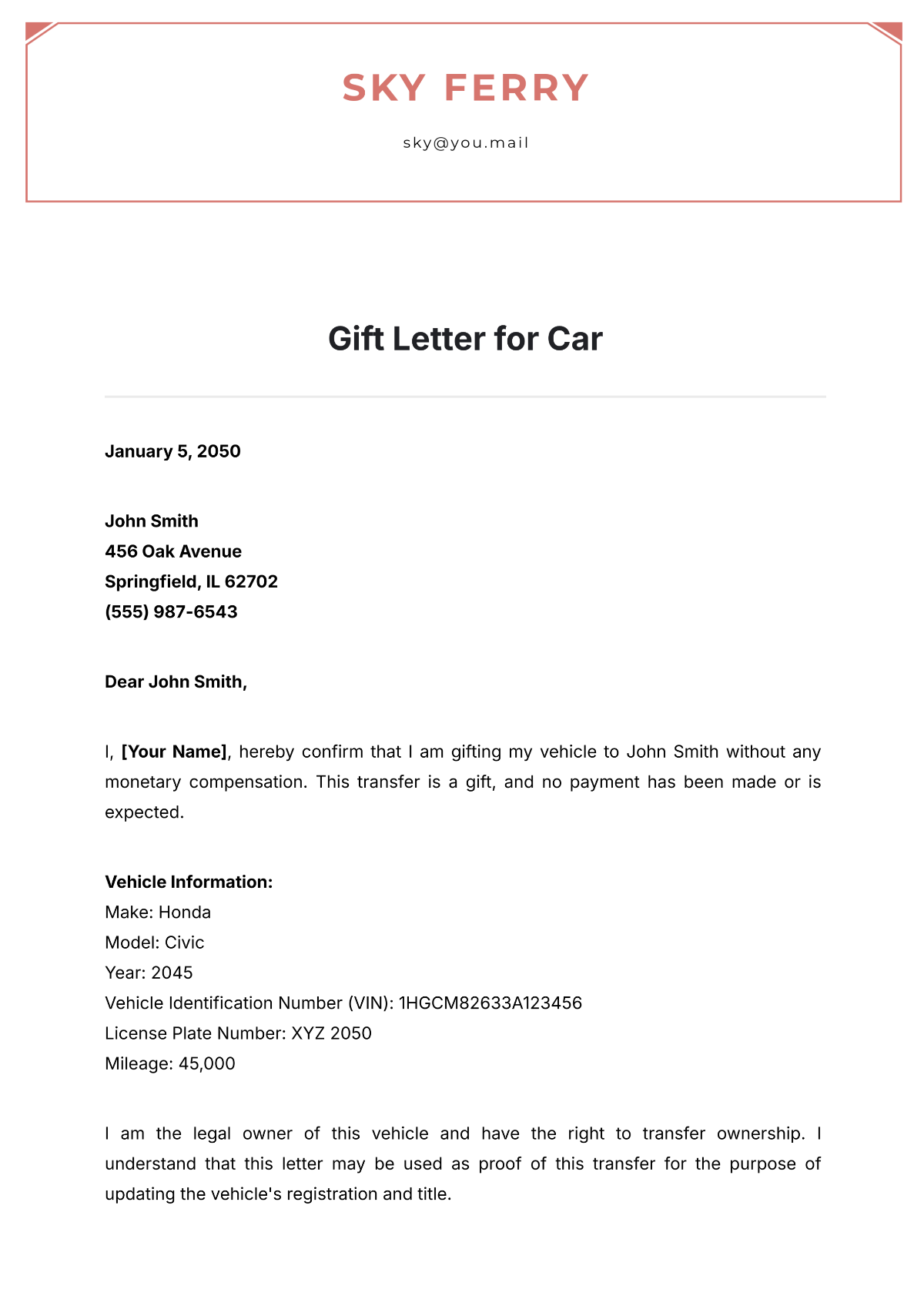 Gift Letter for Car Template