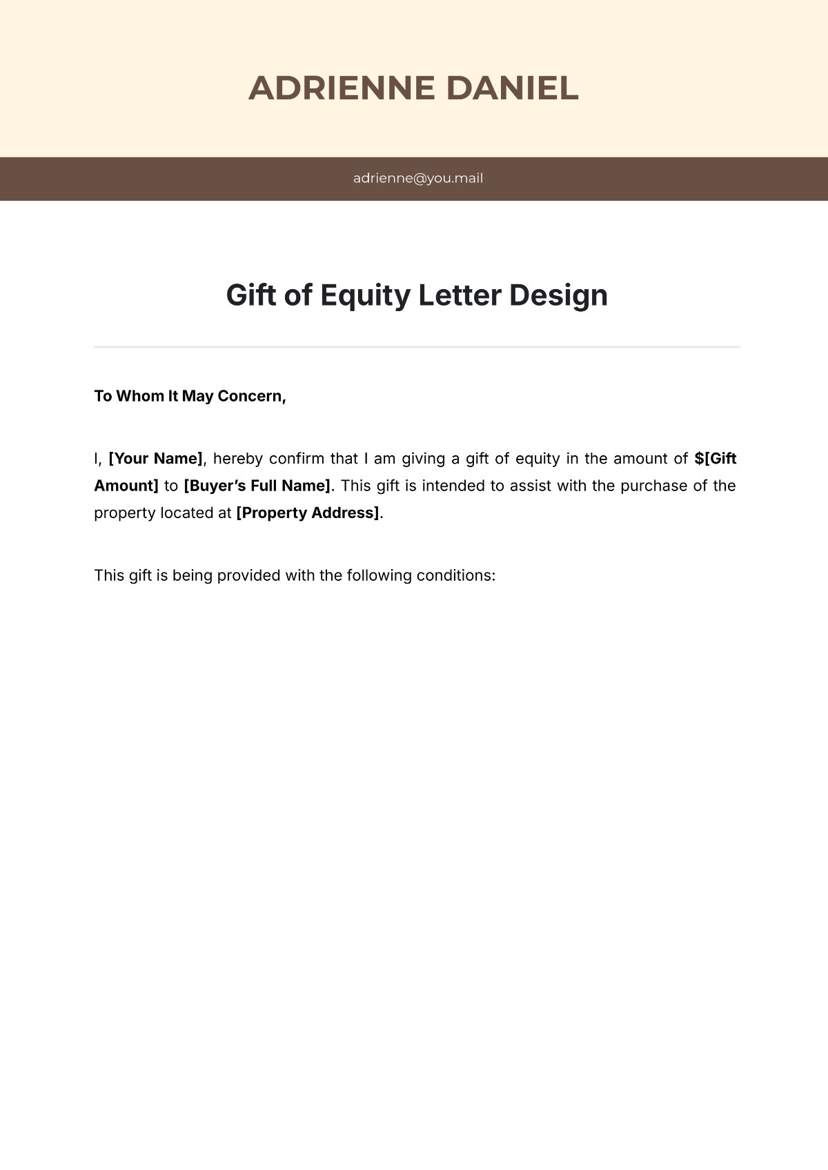 Gift of Equity Letter Design Template - Edit Online & Download