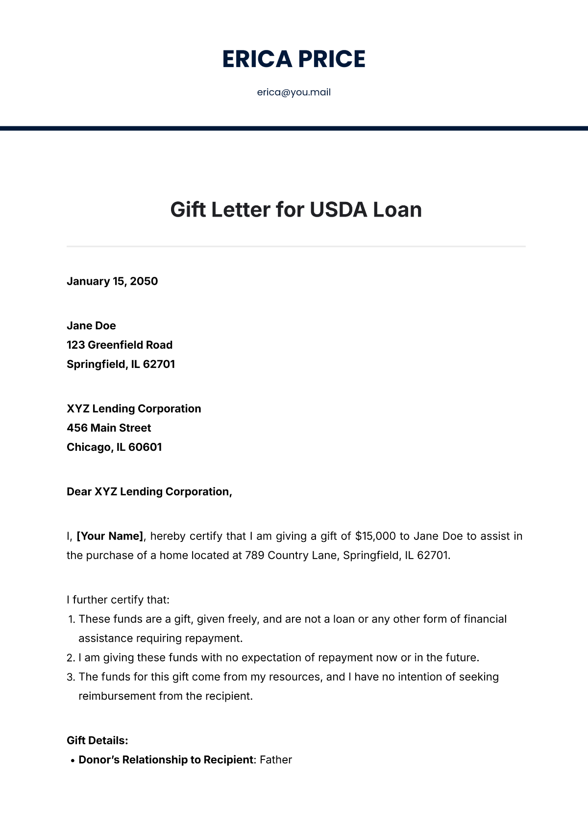 Gift Letter for USDA Loan Template