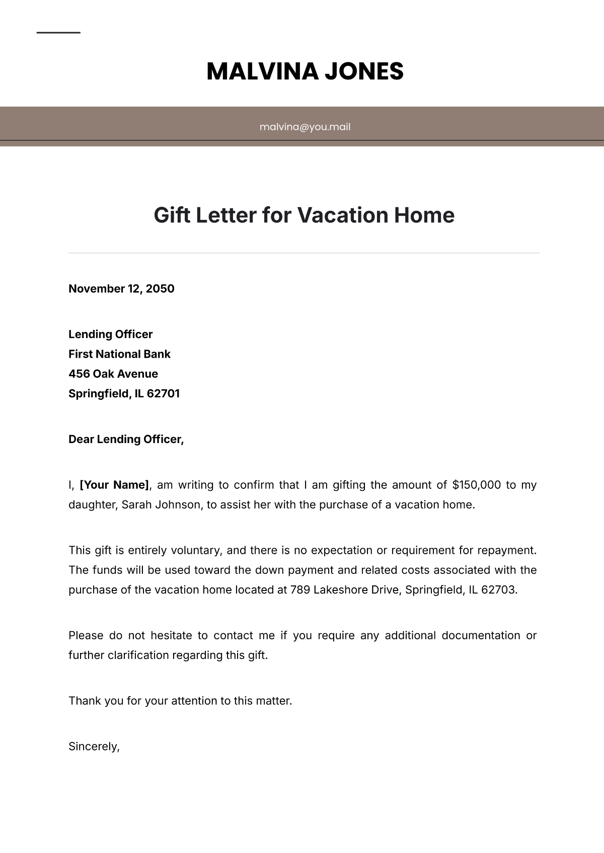 Gift Letter for Vacation Home Template